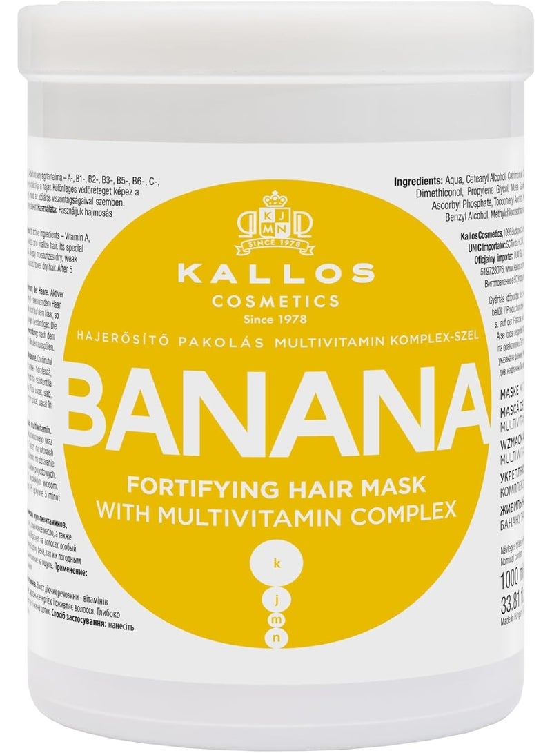 Kallos KJMN Banana Extract Fortifying Hair Mask for Dry, Fragile Hair, Hydrates and Protects Against Heat Styling Damage with Olive Oil and Vitamins 1L 1000ml - Image 1